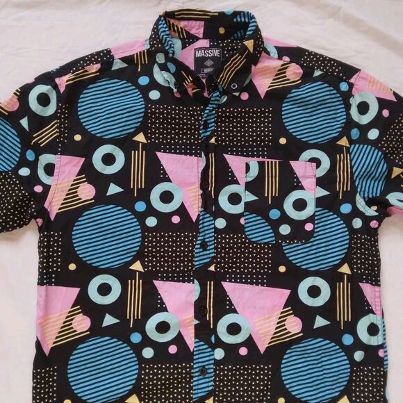 Massive Shirt Short Sleeve Button Up Colorful Geometric Retro Mens Medium - Picture 3 of 11
